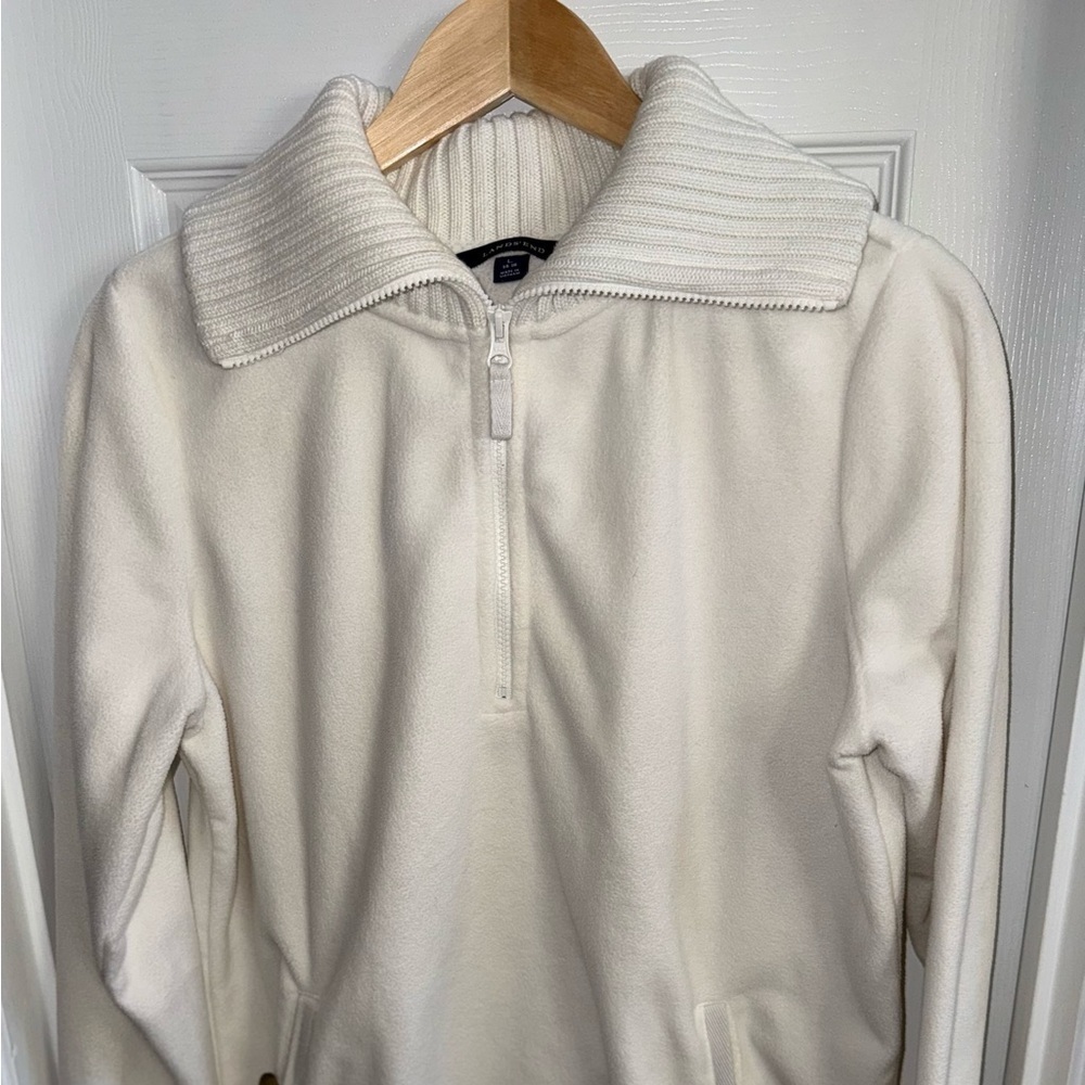 Lands End Quarter Zip White Women’s L 14/16 Fleece Thick Collar Button Pockets